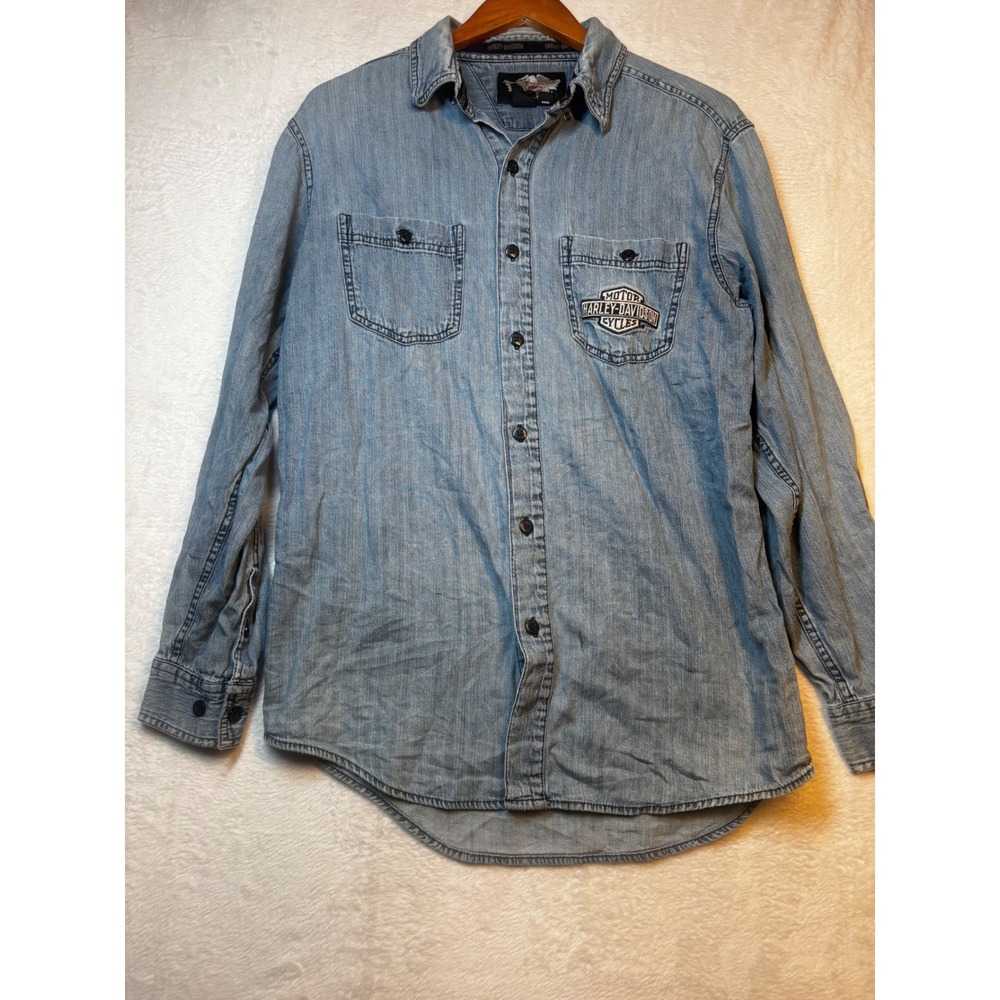 Harley Davidson Denim Shirt Mens Long Sleeve Button Up V Twin Power Embroidered - Picture 1 of 16